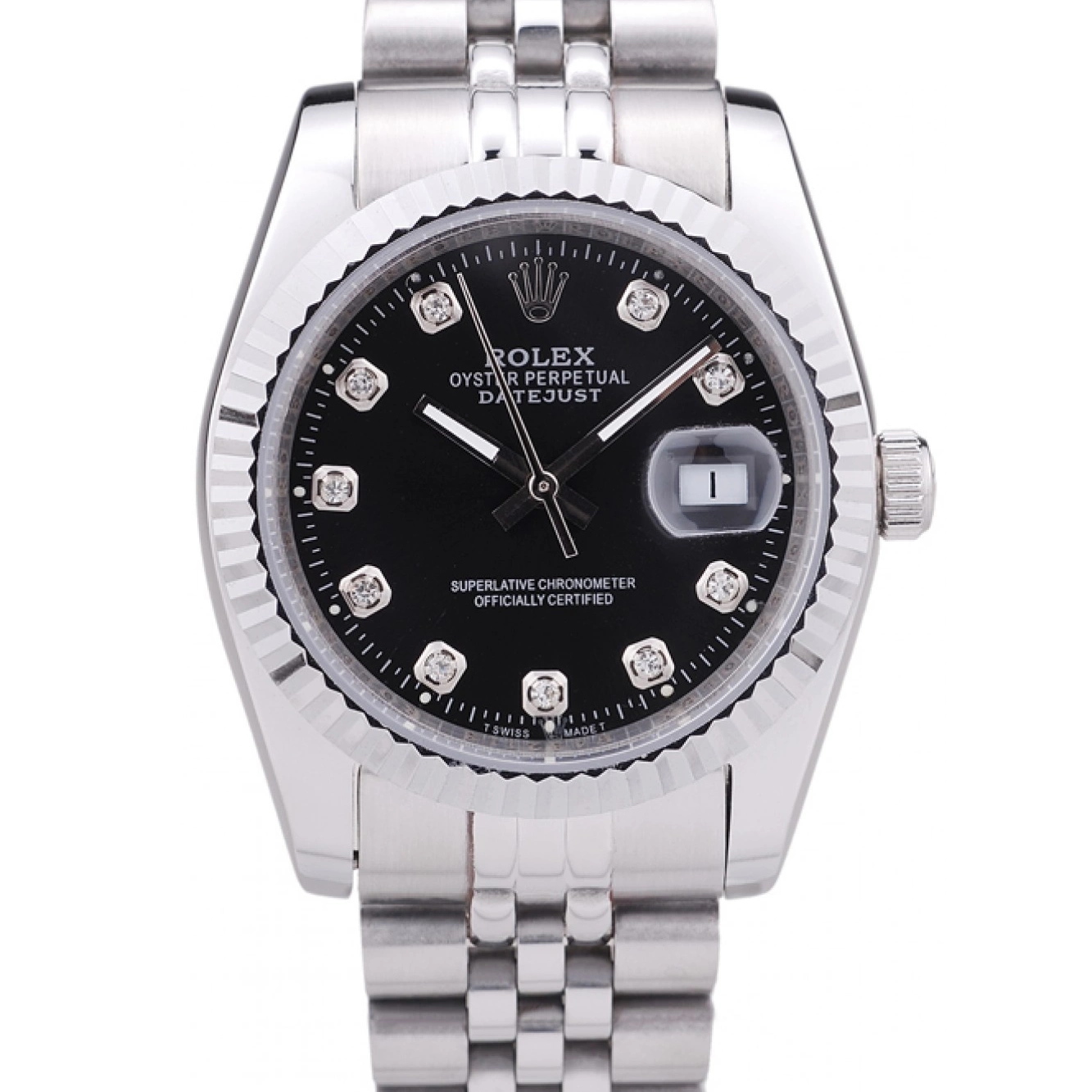 AAA Replica Watches Bezel Ribbed Diamonds Dial Black Rolex Datejust 7458 0612